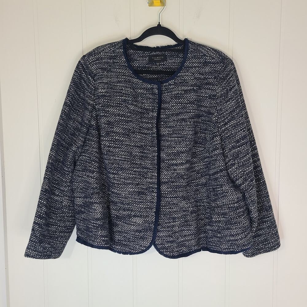 Talbots Tweed Blazer Navy White Fringe Trim Classic Size Business Jacket 20WP